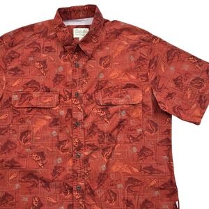 Cabelas Performance Fishing Vented Shirt Fish Tackle AOP Rust Orange Mens Large